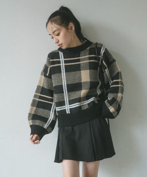 VANNIE U（ヴァニーユー）の「チェックニットプルオーバー（ニット/セーター・レディース・ブラック/ライトベージュ/ベージュ・FREE）」の16枚目の写真