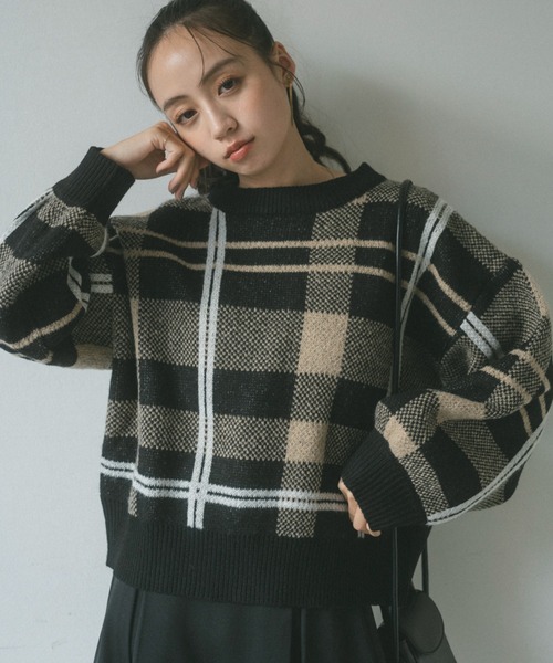 VANNIE U（ヴァニーユー）の「チェックニットプルオーバー（ニット/セーター・レディース・ブラック/ライトベージュ/ベージュ・FREE）」の15枚目の写真