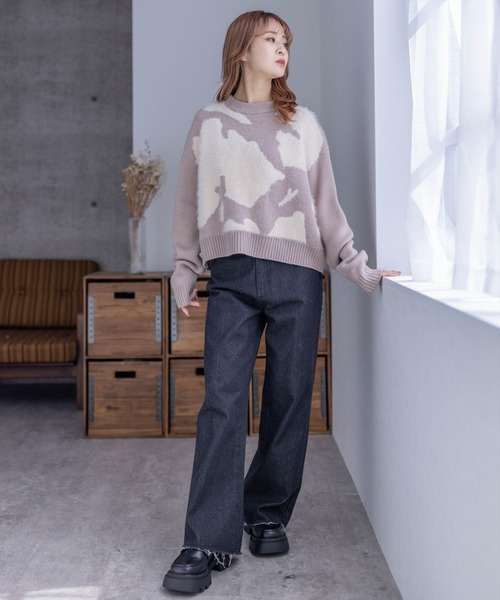 clear（クリア）の「アニマル柄ニットトップス（ニット/セーター・レディース・グレイッシュベージュ/ブルーグレー/ブラック・F）」の9枚目の写真