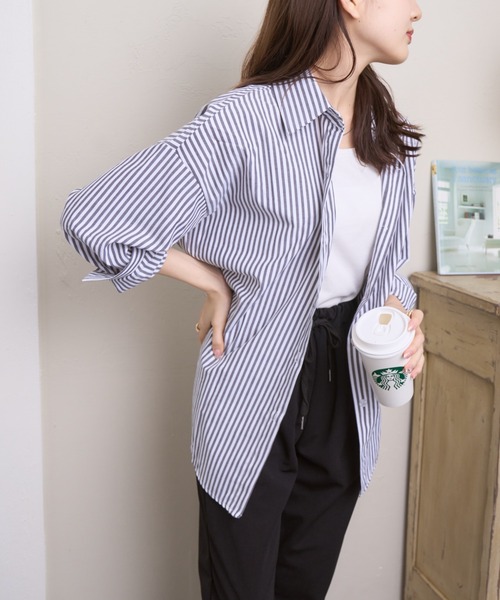 Ada.(エイダ)の「ベーシック ストライプ ミドル丈 シャツ(シャツ/ブラウス・レディース・ライトブルー/ブラック/オレンジ/ピンク・FREE)」の16枚目の写真