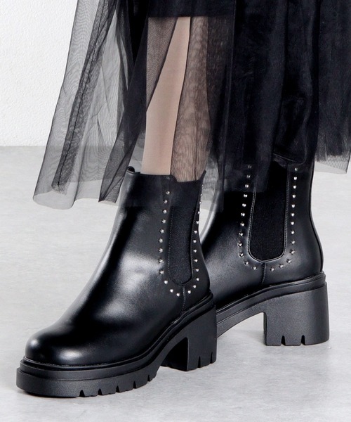 Belle-D パテントカーフスキン & スタッズ ヒールブーツ SPECIAL SHOES FACTORY COLLABORATION】Tank-Sole Side Gore