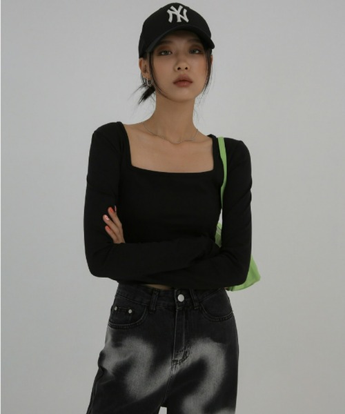 BLACKUP（ブラックアップ）の「[MADE] レビリースクエアネッククロップTシャツ（Tシャツ/カットソー・レディース・ホワイト/ブラック/ブルーグリーン/チャコールグレー・FREE）」の7枚目の写真