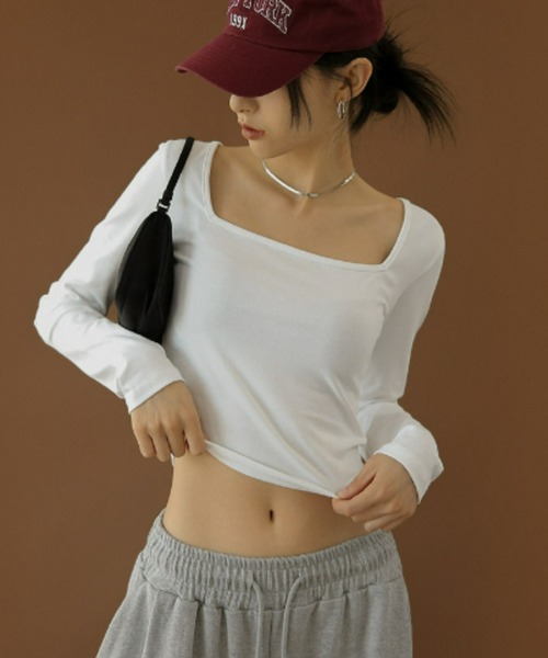 BLACKUP（ブラックアップ）の「[MADE] レビリースクエアネッククロップTシャツ（Tシャツ/カットソー・レディース・ホワイト/ブラック/ブルーグリーン/チャコールグレー・FREE）」の14枚目の写真