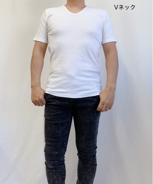 VIBGYOR（ヴィブジョー）の「AB杢スラブスパンフライス 半袖 クルーネック&Vネック（Tシャツ/カットソー・メンズ・ブラック/グレー系その他/霜降りグレー/ホワイト/ホワイト系その他/ブラック系その他・MEDIUM/LARGE）」の3枚目の写真