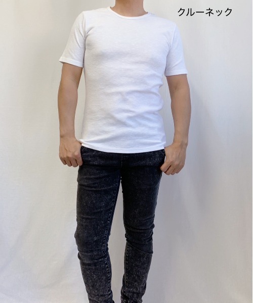 VIBGYOR（ヴィブジョー）の「AB杢スラブスパンフライス 半袖 クルーネック&Vネック（Tシャツ/カットソー・メンズ・ブラック/グレー系その他/霜降りグレー/ホワイト/ホワイト系その他/ブラック系その他・MEDIUM/LARGE）」の2枚目の写真