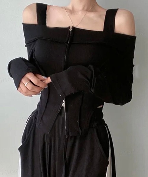 Dalfwin（ダールフィン）の「韓国ファッション 切り替えデザインオフショルダーダブルジップカットソー（Tシャツ/カットソー・レディース・ブラック・FREE）」の3枚目の写真