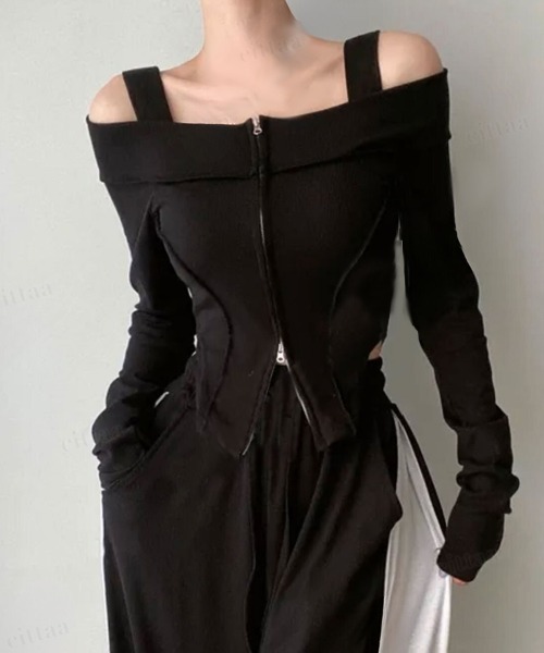 Dalfwin（ダールフィン）の「韓国ファッション 切り替えデザインオフショルダーダブルジップカットソー（Tシャツ/カットソー・レディース・ブラック・FREE）」の4枚目の写真