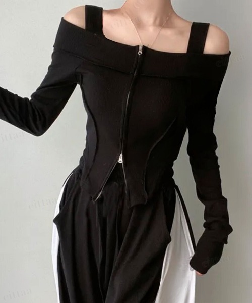 Dalfwin（ダールフィン）の「韓国ファッション 切り替えデザインオフショルダーダブルジップカットソー（Tシャツ/カットソー・レディース・ブラック・FREE）」の5枚目の写真