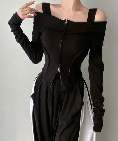 Dalfwin（ダールフィン）の「韓国ファッション 切り替えデザインオフショルダーダブルジップカットソー（Tシャツ/カットソー・レディース・ブラック・FREE）」の6枚目の写真