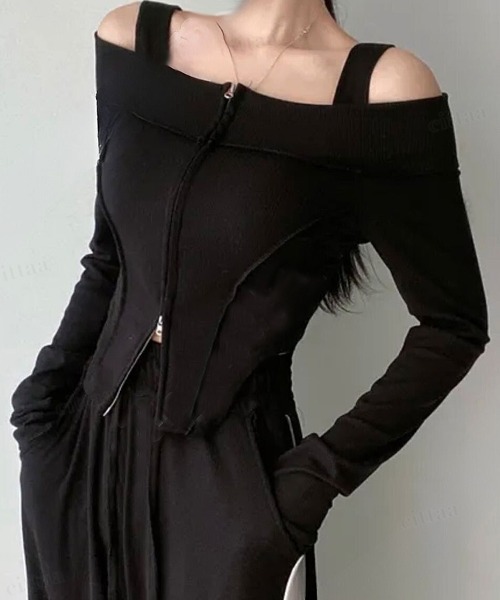 Dalfwin（ダールフィン）の「韓国ファッション 切り替えデザインオフショルダーダブルジップカットソー（Tシャツ/カットソー・レディース・ブラック・FREE）」の7枚目の写真