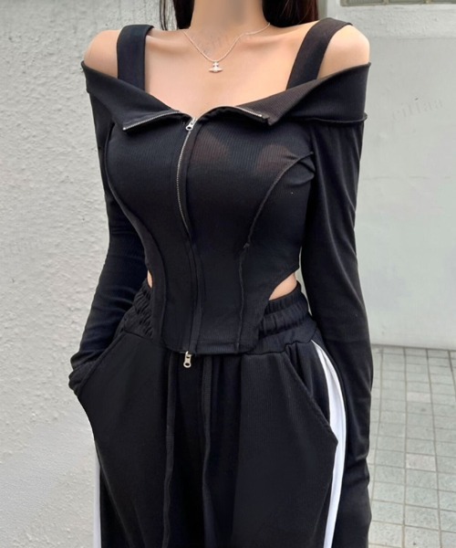 Dalfwin（ダールフィン）の「韓国ファッション 切り替えデザインオフショルダーダブルジップカットソー（Tシャツ/カットソー・レディース・ブラック・FREE）」の2枚目の写真