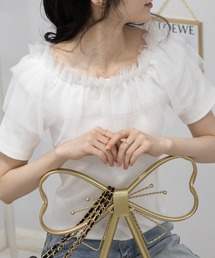 フリル チュール襟 リブ半袖Tシャツ