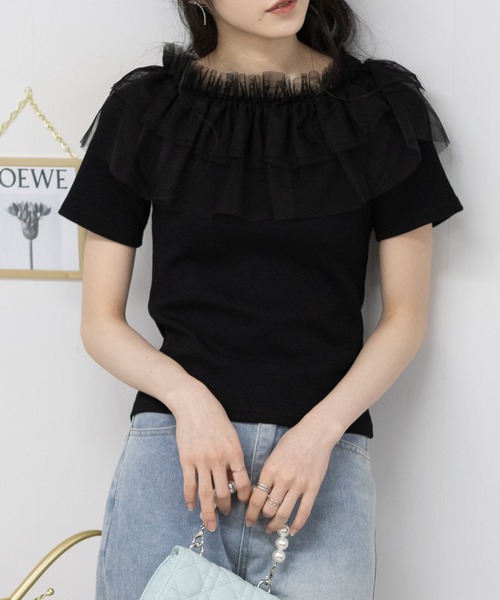 セール】フリル チュール襟 リブ半袖Tシャツ（Tシャツ