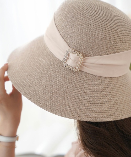 レーシーハット ストローハット パールエレガントハット SUMMER-SALE リボンベルト ビジュー ストローハット le reve
