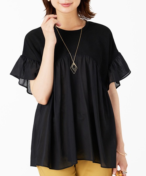 BELLUNA PLUS(ベルーナ)の「異素材使いギャザーチュニック(Tシャツ/カットソー・レディース・ブラック・MEDIUM/LARGE/X-LARGE)」の3枚目の写真
