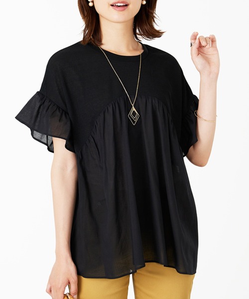 BELLUNA PLUS(ベルーナ)の「異素材使いギャザーチュニック(Tシャツ/カットソー・レディース・ブラック・MEDIUM/LARGE/X-LARGE)」の2枚目の写真