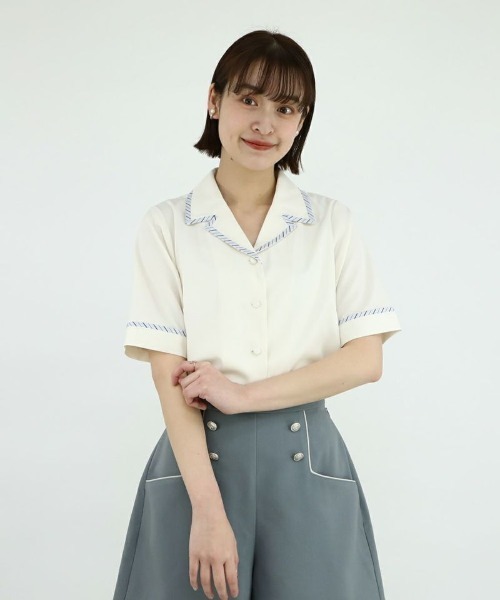 F i.n.t（フィント）の「ストライプパイピング開衿シャツ/fint（シャツ/ブラウス・レディース・アイボリー/ライトグレー・FREE）」の7枚目の写真