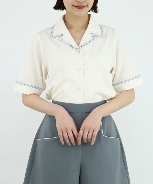 F i.n.t（フィント）の「ストライプパイピング開衿シャツ/fint（シャツ/ブラウス・レディース・アイボリー/ライトグレー・FREE）」の8枚目の写真