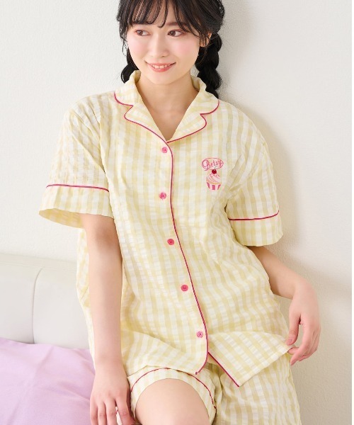 tutuanna（チュチュアンナ）の「[とにかくさらっと涼しい]綿100％ギンガムカップケーキ刺繍半袖パジャマ（ルームウェア/パジャマ・レディース・グレー/ミント/ピンク/イエロー・L/M/S）」の3枚目の写真