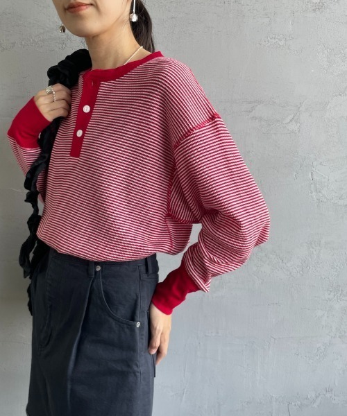 tシャツ 「HEALTHKNIT/ヘルスニット」 別注 ヘンリーネック ワッフルボーダーTシャツ レディース HEALTHKNIT/ヘルスニット] 別注 ヘンリーネック ワッフル