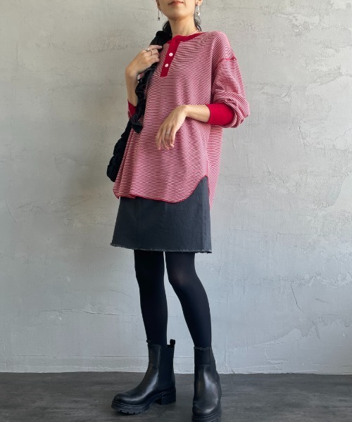 Healthknit（ヘルスニット）の「[HEALTHKNIT/ヘルスニット] 別注 ヘンリーネック ワッフルボーダーTシャツ（Tシャツ/カットソー・レディース・ホワイト/レッド/ブラック系/ブルー/ブラック・F）」の14枚目の写真