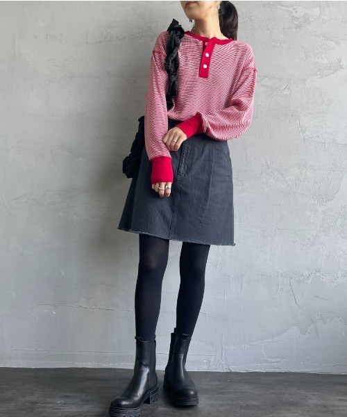 Healthknit（ヘルスニット）の「[HEALTHKNIT/ヘルスニット] 別注 ヘンリーネック ワッフルボーダーTシャツ（Tシャツ/カットソー・レディース・ホワイト/レッド/ブラック系/ブルー/ブラック・F）」の13枚目の写真