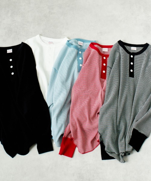 tシャツ 「HEALTHKNIT/ヘルスニット」 別注 ヘンリーネック ワッフルボーダーTシャツ レディース HEALTHKNIT/ヘルスニット] 別注 ヘンリーネック ワッフル