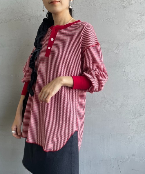 tシャツ 「HEALTHKNIT/ヘルスニット」 別注 ヘンリーネック ワッフルボーダーTシャツ レディース Healthknit tシャツ 「HEALTHKNIT/ヘルスニット」 別注 ヘンリー
