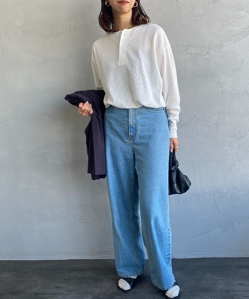 Healthknit（ヘルスニット）の「[HEALTHKNIT/ヘルスニット] 別注 ヘンリーネック ワッフルボーダーTシャツ（Tシャツ/カットソー・レディース・ホワイト/レッド/ブラック系/ブルー/ブラック・F）」の7枚目の写真