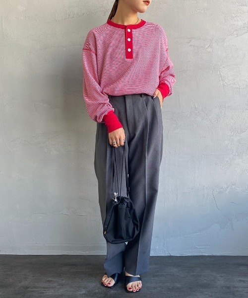 Healthknit（ヘルスニット）の「[HEALTHKNIT/ヘルスニット] 別注 ヘンリーネック ワッフルボーダーTシャツ（Tシャツ/カットソー・レディース・ホワイト/レッド/ブラック系/ブルー/ブラック・F）」の15枚目の写真
