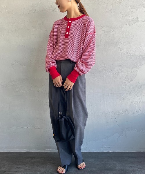 tシャツ 「HEALTHKNIT/ヘルスニット」 別注 ヘンリーネック ワッフルボーダーTシャツ レディース Healthknit tシャツ 「HEALTHKNIT/ヘルスニット」 別注 ヘンリー