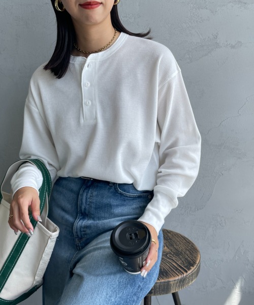 Healthknit（ヘルスニット）の「[HEALTHKNIT/ヘルスニット] 別注 ヘンリーネック ワッフルボーダーTシャツ（Tシャツ/カットソー・レディース・ホワイト/レッド/ブラック系/ブルー/ブラック・F）」の17枚目の写真