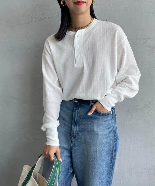 Healthknit（ヘルスニット）の「[HEALTHKNIT/ヘルスニット] 別注 ヘンリーネック ワッフルボーダーTシャツ（Tシャツ/カットソー・レディース・ホワイト/レッド/ブラック系/ブルー/ブラック・F）」の18枚目の写真