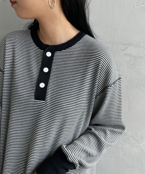 tシャツ 「HEALTHKNIT/ヘルスニット」 別注 ヘンリーネック ワッフルボーダーTシャツ レディース HEALTHKNIT/ヘルスニット] 別注 ヘンリーネック ワッフル