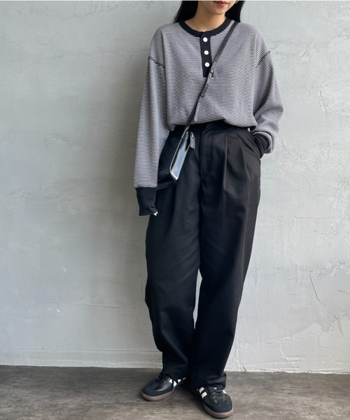 tシャツ 「HEALTHKNIT/ヘルスニット」 別注 ヘンリーネック ワッフルボーダーTシャツ レディース HEALTHKNIT/ヘルスニット] 別注 ヘンリーネック ワッフル