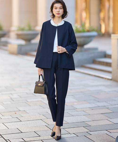 セール】【洗える！】ノーカラーフレアーラインジャケットセットアップ