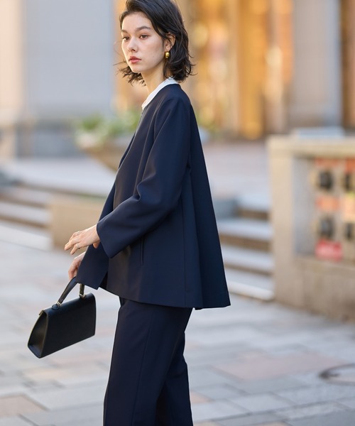 セール】【洗える！】ノーカラーフレアーラインジャケットセットアップ