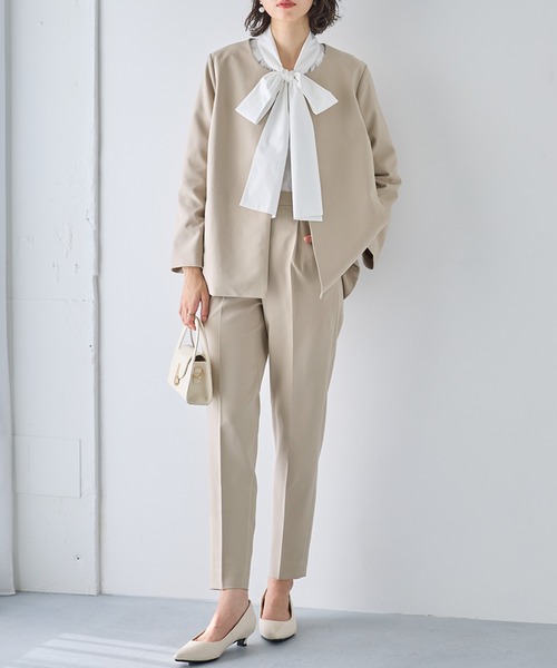 セール】【洗える！】ノーカラーフレアーラインジャケットセットアップ