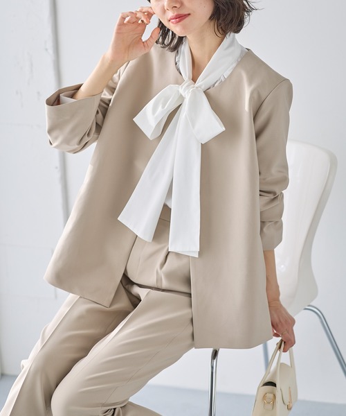 セール】【洗える！】ノーカラーフレアーラインジャケットセットアップ