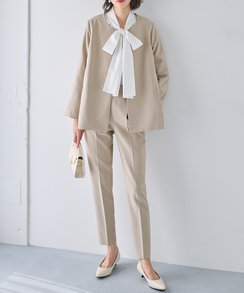 セール】【洗える！】ノーカラーフレアーラインジャケットセットアップ