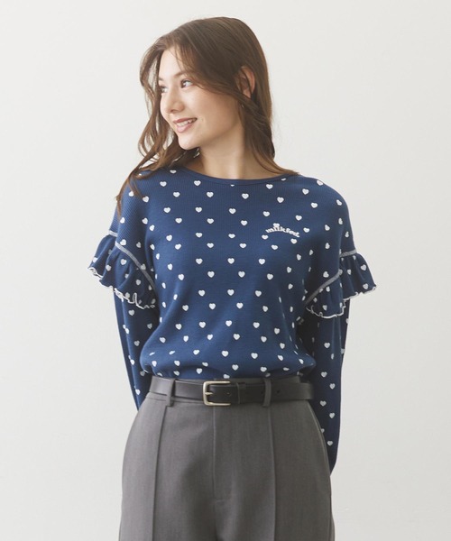 MILKFED.(ミルクフェド)の「FRILL HEART WAFFLE TOP(Tシャツ/カットソー・レディース・ネイビー/ブラウン/オフホワイト・ONE SIZE)」の2枚目の写真