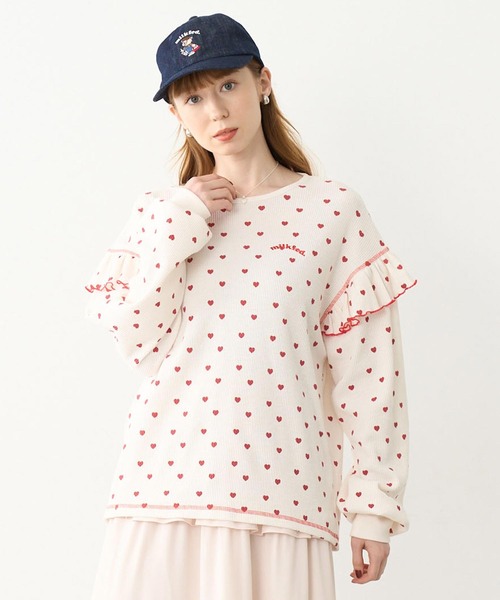 MILKFED.(ミルクフェド)の「FRILL HEART WAFFLE TOP(Tシャツ/カットソー・レディース・ネイビー/ブラウン/オフホワイト・ONE SIZE)」の1枚目の写真
