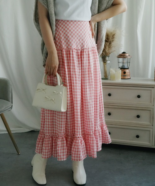 aimoha（アイモハ）の「ギンガムチェックロングマキシスカート（スカート・レディース・ピンク・SMALL/MEDIUM/LARGE）」の4枚目の写真