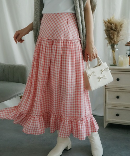 aimoha（アイモハ）の「ギンガムチェックロングマキシスカート（スカート・レディース・ピンク・SMALL/MEDIUM/LARGE）」の6枚目の写真