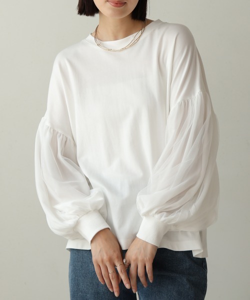 Bou Jeloud(ブージュルード)の「袖チュールプルオーバー(Tシャツ/カットソー・レディース・ブラック/オフホワイト・FREE)」の3枚目の写真