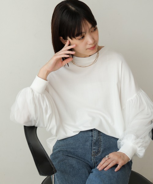 Bou Jeloud(ブージュルード)の「袖チュールプルオーバー(Tシャツ/カットソー・レディース・ブラック/オフホワイト・FREE)」の6枚目の写真