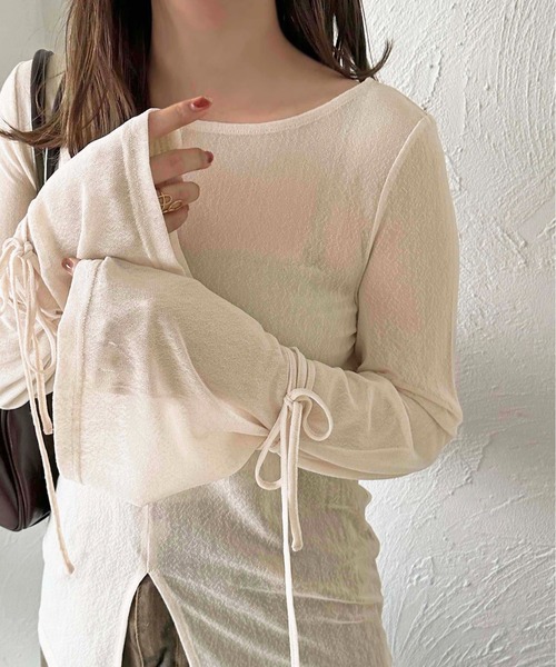 apres jour clair（アプレジュールクレア）の「【apres jour clair】シアー袖リボントップス【ZOZOTOWN限定アイテム】（Tシャツ/カットソー・レディース・ブラック/グリーン/アイボリー/ブラウン系その他/ブルー系その他・X-LARGE/フリー）」の2枚目の写真