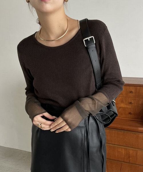 CAPRICIEUX LE'MAGE（カプリシューレマージュ）の「袖シアーレイヤード風リブニット（ニット/セーター・レディース・ブラウン/ブラック/オフホワイト・FREE）」の18枚目の写真