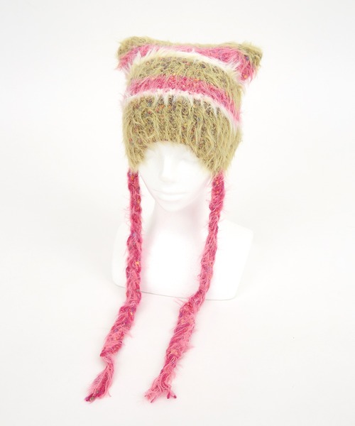 みゃーた★オーダー★ネコ耳ニット帽 セール】an meets zakka ネコ耳ラインボーダーファーコードニット帽