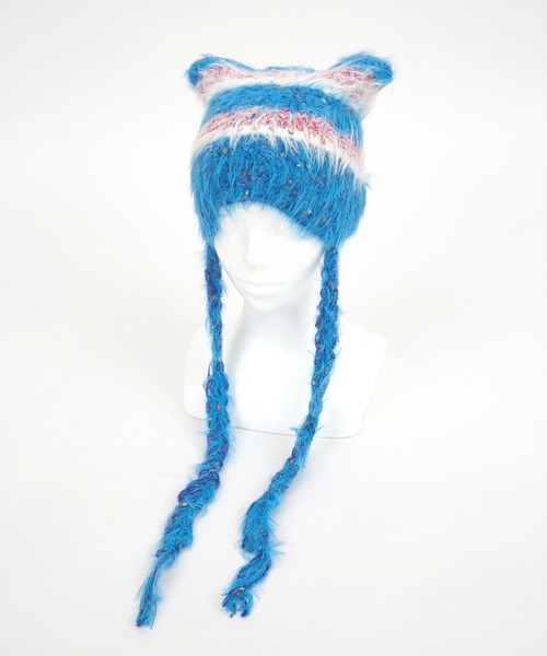 ニット帽 猫耳 耳付き帽子 帽子 レディース メンズ パッチワーク オリジナルニット ビーニー 耳 柄 総柄 ブラック レッド 黒 グレー ピンク ブランド BODYSONG. ボディソング KNIT EARS BEANIE BS240708送料無料 セール】an meets zakka ネコ耳ラインボーダーファーコードニット帽